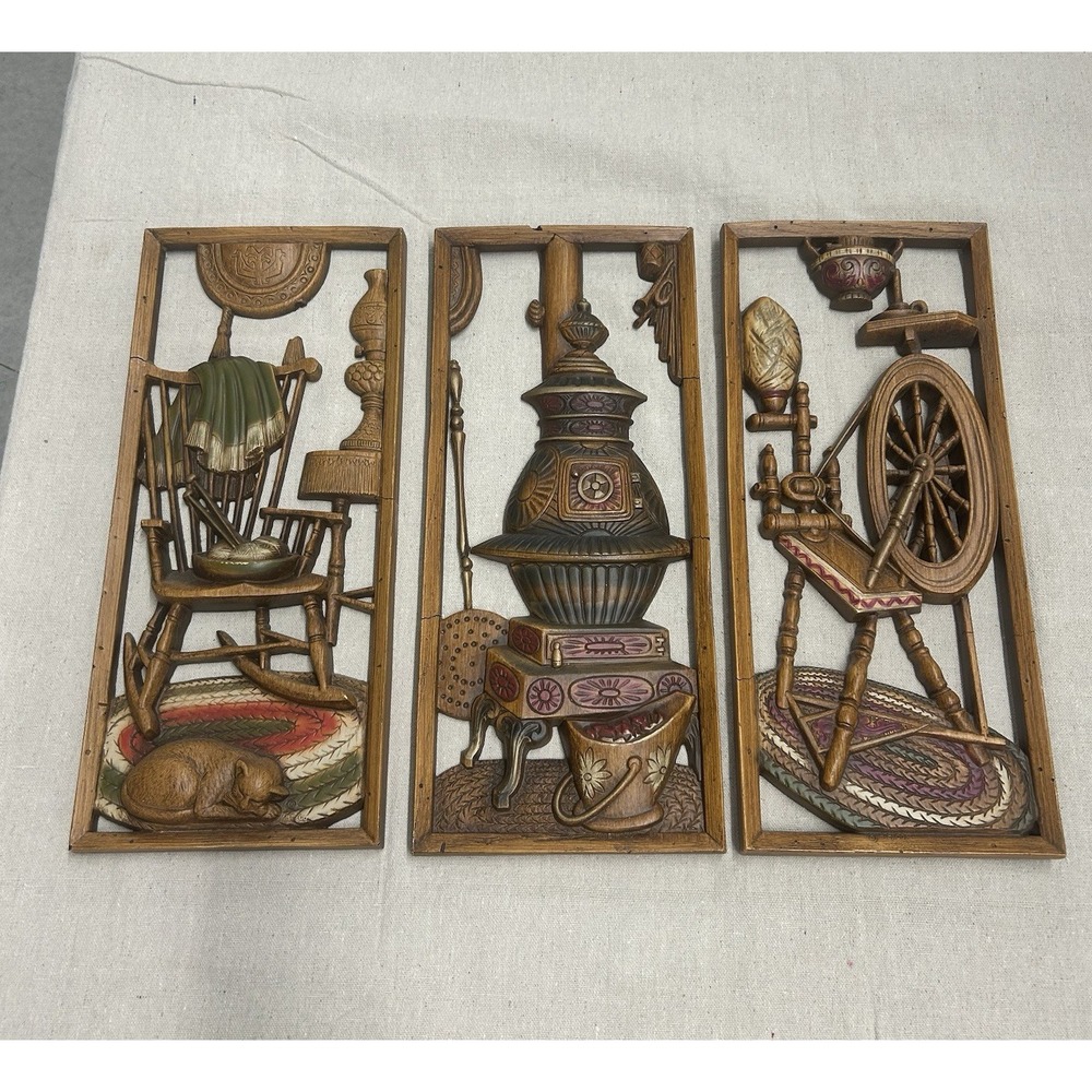 Vintage Burwood Products Co. Wall Hanging Trio: Spindle, Stove and Cat Set